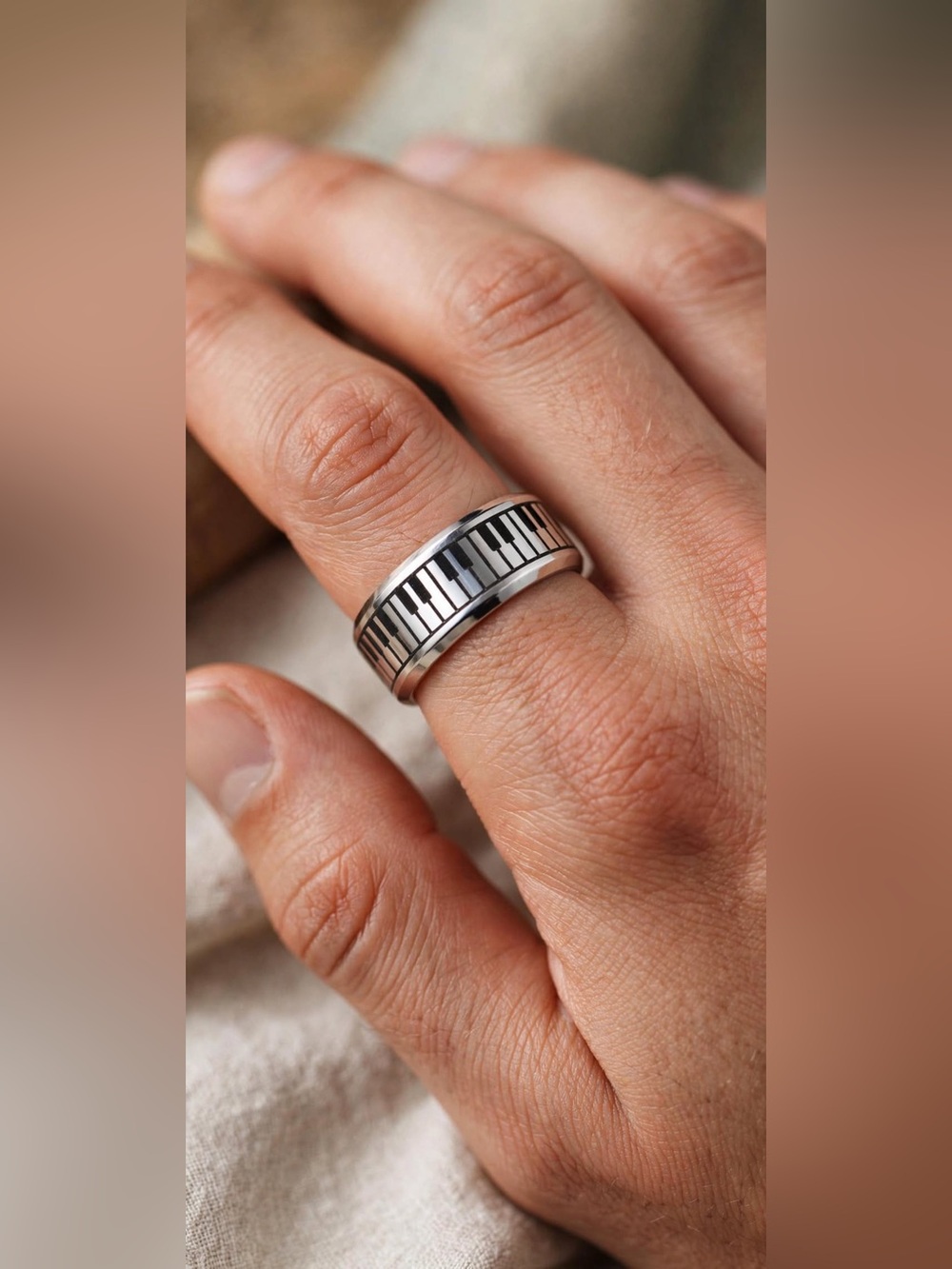 Silver Stainless Steel Piano Keyboard Pattern Stainless Steel Ring - Unisex